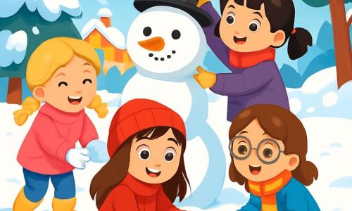 Há 4 crianças: - Ana: uma menina de 5 anos, com cabelos longos e castanhos e olhos brilhantes. Ela usa um casaco vermelho vivo e um gorro combinando. Ana está no centro, fazendo uma grande bola de neve. - Bela: uma menina de 5 anos, com cabelos loiros trançados e um sorriso radiante. Ela usa um casaco rosa e luvas brancas. Bela está à esquerda, moldando formas de neve com as mãos. - Clara: uma menina de 5 anos, com cabelos castanhos e óculos redondos. Ela usa um casaco azul e um cachecol listrado. Clara está à direita, coletando pedrinhas para os olhos do boneco de neve. - Dora: uma menina de 5 anos, com cabelos negros e tranças. Ela usa um casaco roxo e botas forradas. Dora está atrás do boneco de neve, segurando um chapéu acima da cabeça, pronta para colocá-lo. O cenário é um jardim coberto de neve, cercado por árvores com galhos carregados de neve brilhante. O chão está coberto por uma espessa camada de neve branca, e o céu é de um azul brilhante, com algumas nuvens fofas. Ao fundo, há uma casa aconchegante com fumaça saindo da chaminé. A cena principal mostra as quatro amigas construindo um alegre boneco de neve, com risos e sorrisos em seus rostos. O boneco de neve é decorado com uma cenoura para o nariz, pedrinhas para os olhos e um bonito chapéu.