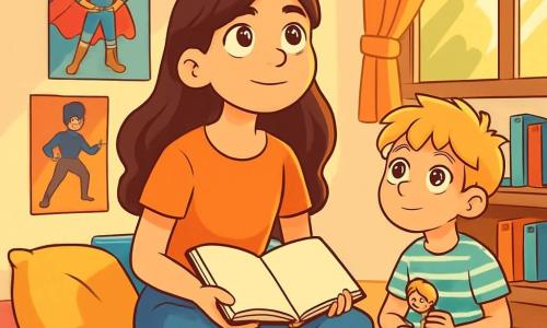 A 12-year-old girl with long brown hair and sparkling eyes is sitting on the floor of her room, surrounded by colorful cushions. She has an expression of hope and determination on her face, holding an open journal on her lap, with colored pencils scattered around her. Next to her, her 8-year-old brother Leo, with messy blond hair and a striped t-shirt, looks at his sister with curiosity, holding a small toy in his hands. The room is decorated with superhero posters and books stacked on a shelf, with a ray of golden light filtering through the window, illuminating the space. The main scene shows the girl gathering courage to write her thoughts and feelings, while her brother silently encourages her, creating an atmosphere of family support and understanding.
