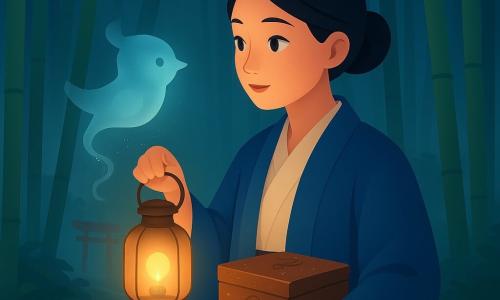 Een jonge vrouw (ongeveer 22–28) met zwart glad haar in een lage knot draagt een indigo haori en crèmekleurig kimono en houdt een koperen lantaarn die haar rustige, nieuwsgierige gezicht warm verlicht; een klein niet‑menselijk nevelgeestje, vaag vogelvormig zonder vleugels, parelgrijs doorschijnend met blauwe gloed, drijft voor haar en sleept een nat houten belletje, speels en verlegen; een gelakte houten kist met dauwdruppels en een eenvoudig oud gegraveerd symbool ligt in haar handen; ze staat op een stenen pad aan de rand van een bamboebos ’s nachts met hoge groene stengels, vochtige bladeren, een deels zichtbaar rood torii en kronkelende witte mist; ze tilt de kist licht naar het geestje dat met een lichttrilling antwoordt, de mist fonkelt en het belletje klinkt zacht.