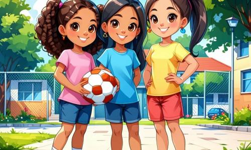 In a sunny schoolyard, three ten-year-old girls stand together. Mia, with her curly brown hair in pigtails, wears a pink t-shirt and denim shorts. She smiles widely, holding a soccer ball in her hands. Next to her, Lily, with sleek black hair in a ponytail, sports a bright blue t-shirt and colorful sneakers. She gestures enthusiastically, ready to cheer on her friend. Finally, Emma, a new student with her brown hair in a bun, wears a yellow t-shirt and black pants. She looks at the ball with a mix of excitement and nervousness. The schoolyard is surrounded by tall trees with golden autumn leaves, and children play in the background, laughing and running. Colorful drawings are hung on the school walls, adding a cheerful touch to the environment. The main scene shows Mia and Lily encouraging Emma to join their soccer game, while Emma, a bit hesitant, prepares to kick the ball with a determined look on her face.