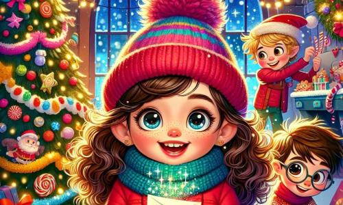 Una niña de 11 años, Clara, con cabello castaño rizado y ojos llenos de curiosidad, se encuentra frente a un gran árbol de Navidad decorado con luces brillantes y guirnaldas coloridas. Lleva un abrigo rojo brillante y un gorro de lana, y su rostro expresa una alegría desbordante mientras sostiene una carta mágica en sus manos. A su lado, su mejor amiga Lucía, también de 11 años, con cabello largo y liso, lleva una bufanda de lana azul y sonríe con entusiasmo mientras sostiene una pequeña caja de regalos. Un niño de 11 años, Mateo, con gafas y cabello desordenado, se agacha para recoger decoraciones caídas, añadiendo un toque de humor a la escena. El decorado es un taller encantado de Papá Noel, lleno de juguetes coloridos, guirnaldas luminosas y copos de nieve que caen suavemente a través de una ventana abierta. Elfos alegres trabajan en el fondo, sumando a la atmósfera festiva. La situación principal muestra a Clara, Lucía y Mateo, unidos en un momento de magia, listos para entregar la carta a Papá Noel, rodeados del espíritu alegre de la Navidad.