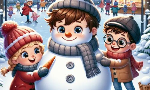 En un parque nevado, tres niños están reunidos alrededor de un gran muñeco de nieve. Lucas, un niño de seis años con cabello castaño desordenado y ojos brillantes, sonríe sosteniendo una zanahoria para la nariz del muñeco. A su derecha, Carla, una niña de seis años con largas trenzas rubias y un gorro rojo, ríe mientras añade botones de piedra en el vientre del muñeco. A la izquierda, Tomás, un niño de seis años con gafas redondas y cabello castaño, se divierte poniendo un viejo sombrero en la cabeza del muñeco de nieve. El parque está decorado con hermosas luces navideñas, con un gran árbol brillante al fondo, rodeado de copos de nieve que caen suavemente. Los niños patinan alegremente en una pequeña pista de hielo cercana, mientras que las familias se reúnen alrededor de un colorido mercado navideño, lleno de dulces y decoraciones. La escena muestra a los niños construyendo su muñeco de nieve, riendo y divirtiéndose juntos, capturando el espíritu alegre y mágico de la Navidad.
