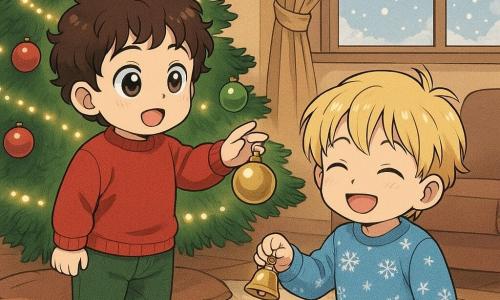 Hay 2 personajes principales: un niño de 2 años, Leo, con cabello castaño rizado y grandes ojos curiosos. Lleva un suéter rojo y pantalones de pana verde. Está de pie cerca del árbol de Navidad, extendiendo la mano para tocar una bola brillante. Otro niño de 2 años, Nico, con cabello rubio y una sonrisa traviesa. Lleva un pijama azul con motivos de copos de nieve. Está sentado en la alfombra, sosteniendo una pequeña campanilla dorada. El lugar es una sala cálida y acogedora. Un gran árbol de Navidad decorado con guirnaldas luminosas y bolas de colores se alza en una esquina. Una ventana muestra la nieve cayendo suavemente afuera, creando un ambiente mágico. Una alfombra mullida está colocada frente al árbol, con cojines esparcidos alrededor. La situación principal muestra a los dos niños maravillados por la magia de la Navidad. Leo toca delicadamente una bola del árbol mientras Nico agita suavemente una campanilla, sus rostros iluminados por las luces del árbol. La atmósfera es suave y mágica, capturando el asombro y la alegría de la temporada.