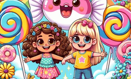 Due amiche, Mia, di 9 anni con capelli ricci e castani, in un vestito colorato a pois, e Zoe, anch'essa di 9 anni con capelli lisci e biondi, in una maglietta gialla e una gonna di jeans, si trovano al centro di un giardino incantato pieno di fiori giganti e caramelle. Accanto a loro, un pesce rosa con occhiali da sole, chiamato Pescetto, salta allegramente da una fontana di limonata frizzante, sorridendo. Il luogo è magico, con alberi di zucchero filato e nuvole di cotone, mentre farfalle multicolori danzano intorno a loro. La scena principale mostra Mia e Zoe, meravigliate, che tengono una gomma gigante e scintillante, pronte a essere trasportate in un mondo fantastico, circondate da animali divertenti, come un coniglio danzante e un orso giocoliere, che aggiungono un tocco di follia a questa scena gioiosa.