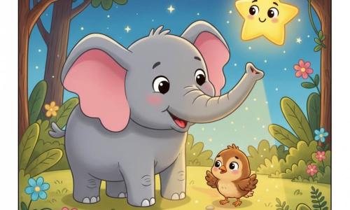 Un elefante gris, tierno y redondeado llamado Elio, con grandes orejas rosadas y ojos amables, sostiene la trompa en alto como una lámpara que ilumina el suelo con luz cálida; un pajarito marrón y peludo, pequeño y asustado, está junto a la trompa y mira la luz con gratitud; una estrella sonriente y amarilla los observa como un amigo; la escena ocurre de noche en un claro de la selva con árboles de hojas grandes, flores y suelo cubierto de hojas; Elio guía suavemente al pajarito por un sendero iluminado; paleta de colores cálidos y suaves, contornos redondeados y texturas simples para una imagen apacible y clara para niños pequeños.