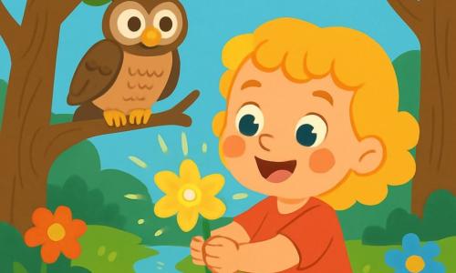 A 2-year-old girl with curly golden hair and sparkling eyes holds a beautiful golden flower that shines in the sunlight. She has a big amazed smile on her face, rosy cheeks, and delicate little hands. Next to her, a wise owl with brown feathers and round curious eyes perches on a tree branch, watching the scene kindly. The setting is an enchanted clearing filled with colorful flowers, large gnarled trees, and a sparkling stream winding through the green grass. The sky is a bright blue, dotted with fluffy white clouds. The little girl discovers the golden flower, surrounded by magical light, while the owl encourages her with a wise and friendly gaze.