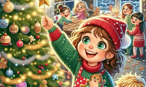 Ein 7-jähriges Mädchen namens Mia mit großen, glänzenden Augen und lockigem kastanienbraunem Haar lächelt fröhlich, während sie einen großen Weihnachtsbaum schmückt. Sie trägt ein rotes Kleid mit weißen Punkten und einen grünen Wollpullover und ist von glitzernden Girlanden und bunten Kugeln umgeben. Neben ihr hält ein 8-jähriger Junge namens Max mit zerzausten blonden Haaren und einem schelmischen Lächeln einen goldenen Stern, den er auf die Spitze des Baumes setzen möchte. Er trägt eine rote Weihnachtsmütze und einen Pullover mit einem gezeichneten Rentier. Im Hintergrund bereiten eine Gruppe von Kindern im Alter von 6 bis 9 Jahren Weihnachtsplätzchen an einem großen Holztisch vor, der mit Mehl, Zucker und süßen Dekorationen gefüllt ist. Die Szene spielt in einem gemütlichen Wohnzimmer, das mit funkelnden Lichtern, Tannengirlanden und sanft fallendem Schnee vor den Fenstern dekoriert ist. Mia und ihre Freunde teilen gemeinsam Lachen und Freude, während sie das Weihnachtsfest vorbereiten und eine magische, festliche Atmosphäre schaffen.