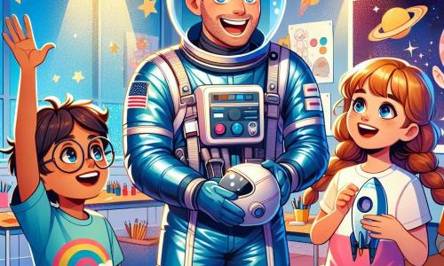 Een man, astronaut Max, staat in het midden van het podium, gekleed in een glanzend blauwe ruimtepakken, met een grote glimlach van opwinding op zijn gezicht. Zijn bruine haar is een beetje rommelig en hij draagt een opgetrokken vizier, waardoor zijn sprankelende ogen van vreugde zichtbaar zijn. Aan zijn rechterkant staat een 8-jarig meisje, Lotte, met lange rossige vlechten, die enthousiast haar hand opsteekt, met grote nieuwsgierige ogen. Ze draagt een kleurrijk t-shirt met sterren en planeten. Aan de linkerkant kijkt een 9-jarig jongetje, Sam, met ronde brillen en kastanjebruin haar, naar Max met bewondering, terwijl hij een klein model van een kartonnen raket in zijn handen houdt. De scène speelt zich af in een heldere klaslokaal, versierd met posters van planeten en raketten, met ramen die zonlicht binnenlaten. Tafels zijn gevuld met knutselmateriaal, zoals scharen, stiften en stukjes karton. Max legt enthousiast uit hoe hij naar Mars gaat reizen, omringd door gebiologeerde kinderen, terwijl Lotte en Sam aandachtig luisteren, klaar om te dromen van de ruimte en de sterren.
