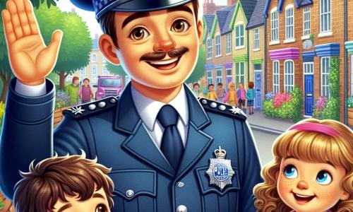 Ein lächelnder und fröhlicher Polizist namens Paul trägt eine glänzende blaue Uniform mit einer Mütze. Er hat braune Haare und strahlende Augen. Paul steht und hebt eine Hand, um Kinder zu grüßen. Neben ihm steht ein 6-jähriges Mädchen mit lockigen blonden Haaren in einem rosa Kleid, das begeistert applaudiert. Ein 5-jähriger Junge mit kastanienbraunen Haaren schaut Paul bewundernd mit weit geöffneten Augen an. Sie befinden sich auf einer belebten Straße, gesäumt von grünen Bäumen und bunten Häusern. Paul erklärt den Kindern, wie er den Menschen hilft, mit einem breiten Lächeln und freundlicher Haltung.