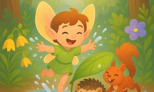 Linu, un mic spiriduș cu aripi strălucitoare ca petalele de lalea, vesel și uimit, poartă o tunică verde deschis și sare într-o băltoacă fluturându-și brațele ude; o veveriță roșcată, jucăușă și chicotitoare, cu blana ușor umedă și coada buclată, sare lângă el spre dreapta stropind apă; un pui de arici timid dar ușurat se adăpostește în față sub o frunză mare și lucioasă ținută de Linu și veveriță, țepii încă puțin umezi; pădurea de primăvară este densă și colorată — trunchiuri de stejar maron texturat, ferigi verzi, flori galbene și violete cu picături, soluri noroioase și bălți reflectorizante; lumina după ploaie e blândă, cu un curcubeu pal în cer și reflexii argintii pe picături; scenă principală: cei trei prieteni se ajută și se joacă sub ploaia de primăvară, stropi vizibili, expresii calde, atmosferă sigură și veselă; stil grafic: culori vii și pastelate, forme rotunjite și siluete simple, texturi în degrade, contraste blânde, compoziție centrată pe personaje.