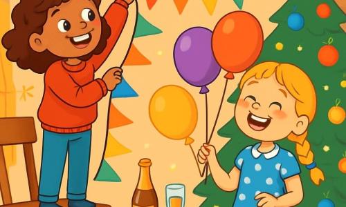 Există două personaje principale: Ana, o fată de 10 ani cu părul creț și brunet, îmbrăcată într-un pulover roșu aprins și o pereche de blugi, stând pe un scaun și zâmbind în timp ce agăță ghirlande colorate de tavan, și Maria, o fată de 10 ani cu părul împletit și blond, îmbrăcată într-o rochie albastră cu buline albe, care stă lângă Ana, ținând baloane multicolore și râzând vesel. Acțiunea are loc într-un living călduros, decorat cu lumini strălucitoare și ghirlande festive, cu mese pline de gustări delicioase, cum ar fi prăjituri în formă de stele și băuturi carbogazoase, iar un brad de Crăciun mare strălucește într-un colț, iluminat de globuri colorate. Povestea o prezintă pe Ana și Maria pregătindu-se pentru petrecerea de Revelion, înconjurate de decorațiuni strălucitoare și râsete, gata să-și primească prietenii pentru o seară magică.