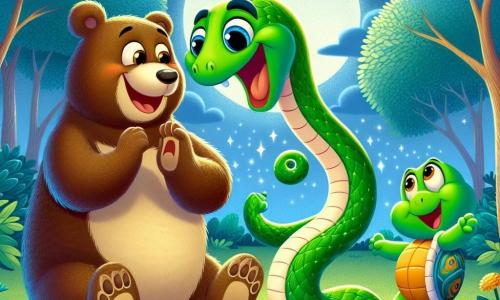 A snake named Slinky, long and wiggly with green scales and mischievous sparkling eyes, is joyfully dancing in a clearing under the moonlight. He has a big smile, and his fluid, playful movements evoke the excitement of a nighttime adventure. Next to him, Benny the bear, a big brown bear with a round belly and soft fur, is laughing while trying to keep up with Slinky. He stands on his hind legs, ready to make a clumsy dance step. Tilly the turtle, with her colorful shell and smiling face, is a bit back, clapping her hands to encourage her friends. She sits on the green grass, her eyes shining with joy. The scene takes place in an enchanted clearing surrounded by trees with shimmering leaves under the moon, with colorful flowers opening up to admire the show. In this illustration, Slinky, Benny, and Tilly are having fun together, dancing and laughing, creating an atmosphere of happiness and friendship under the starry sky.