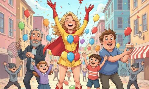 Una supereroina, Lella, sorridente e maliziosa, in costume giallo vivo con grandi palloni blu e rossi, mantellina corta e stivali rossi lucidi, fa apparire con le mani un enorme pallone a forma di cuore; a destra, leggermente avanti, Super Pasticcio, uomo di circa 30 anni dal volto rotondo e allegro e capelli spettinati, tiene una fetta di torta e lancia un muffin ridendo; a sinistra Dr. Grugno, uomo di circa 40 anni dal volto inizialmente accigliato che si trasforma in sorriso sorpresa, circondato da piccoli scagnozzi che lasciano cadere reti grigie; al centro piano diversi bambini (6–9 anni) con occhi spalancati e mani alzate, palloncini colorati che fluttuano sopra di loro; ambientazione: piazza cittadina pavimentata, edifici pastello, bandierine e coriandoli nell’aria, cielo blu luminoso; situazione: momento di vittoria divertente e festoso — Lella riempie l’aria di palloni, i cattivi si rallegrano e tutti festeggiano con torte e risate, colori saturi e tratti di pittura visibili.