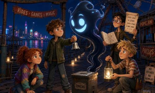 Five characters: Mara (reimagined as a 12-year-old boy) with short brown hair, a worn khaki jacket, holding a small silver bell, standing center before a metal token box on the pier floor, eyes determined toward the creature; Lina, 12, red curly hair in a ponytail, colorful jacket, jar decorator, kneeling left of Mara by a chalk circle with a glowing jar, smiling and protective; Jax, 13, tousled blond hair, striped tee and a toolbox at his belt, right of Mara, lighting a makeshift lantern, nervous but resolute; Theo, 12, tall and thin with round glasses, slightly behind to the right, holding an open sketchbook and a scroll, focused and guiding; and the creature (the Grin/mislaid delight), a tall fluid silhouette of bluish shadows and silver glints with a luminous broad smile that softens, hovering before Mara and leaning toward the token box. Setting: an old wooden nighttime amusement pier (Starwharf Wonder Pier) with worn planks, peeling signs, a rusted Ferris wheel, empty stalls and torn banners, warm light from homemade lanterns and small glowing jars forming a path, neon-reflective night sky and dark shimmering sea. Main scene: atop the pier the four children circle the metal token box on a white chalk ring, placing tokens and jars of joy as the shadowy creature touches the box and its smile shifts from eerie to a gentler, more human expression, warm jar light contrasting the creature’s bluish shadows, centered on the exchange between Mara and the creature with clear, readable emotions.