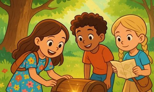 An 8-year-old girl with long brown hair and sparkling curious eyes stands in front of a majestic oak tree. She wears a colorful flower dress and a small backpack, her face radiating excitement and wonder. Next to her is a 9-year-old boy with curly hair and a mischievous smile, observing the scene with an adventurous look. Another character, a 7-year-old girl with braided blonde hair, holds a sketchbook and closely examines a map they found. The setting is a sunny clearing surrounded by trees with bright green leaves, with rays of light filtering through the branches. Colorful wildflowers on the ground add a touch of magic to the environment. The main situation shows the girl examining an ancient wooden chest, half-buried in the ground, with glimmers of light sparkling on its lid. The friends lean in with curiosity, ready to discover the hidden treasure inside, their faces lit up with the excitement of adventure.