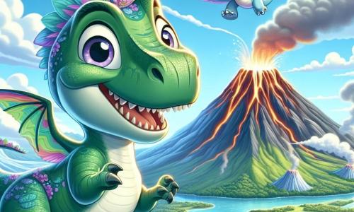 Młody Tyrannosaurus Rex o imieniu Tytus, z jaskrawo zieloną skórą i błyszczącymi oczami pełnymi ciekawości, lata w niebie z kolorowymi skrzydłami i szerokim uśmiechem na twarzy, wyrażającym radość i zachwyt. Obok niego mała triceratops o imieniu Trini, z jasnoniebieską skórą i trzema rogami na czole, patrzy z podziwem, unosząc przednie łapy, jakby była gotowa do lotu. Scena rozgrywa się na szczycie majestatycznego wulkanu, z zastygłymi lawami i chmurami dymu unoszącymi się w błękitnym niebie, otoczonym bujnymi lasami i lśniącymi rzekami w dole. Tytus i Trini cieszą się magiczną przygodą, Tytus pokazując Trini, jak latać nad zapierającymi dech w piersiach krajobrazami, podczas gdy przelatują nad zielonymi dolinami i odległymi górami, tworząc niezapomniane wspomnienia.