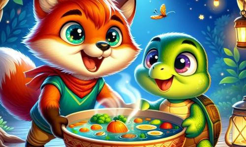 Sami, un pequeño zorro de pelaje rojo brillante y ojos llenos de curiosidad, sonríe alegremente mientras sirve una sopa humeante en un tazón. Parece entusiasta y feliz, con una pequeña cola en forma de penacho que se levanta detrás de él. A su lado, Tula, una tortuga con un caparazón brillante y grandes ojos redondos, mira la sopa con asombro, su rostro expresa sorpresa y gratitud. La escena tiene lugar en un cálido refugio de tierra, iluminado por la suave luz de las luciérnagas que bailan alrededor. Platos coloridos llenos de verduras y frutas están dispuestos sobre una mesa de madera rústica, mientras risas y voces alegres resuenan en el aire. Sami y Tula comparten un momento mágico de convivencia, rodeados de su familia y amigos, listos para disfrutar juntos de una comida especial para celebrar el Ramadán.