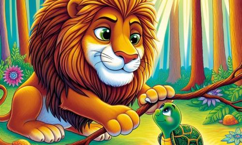 Um leão majestoso chamado Leo, com uma juba dourada que brilha ao sol, está puxando um galho com suas patas poderosas, exibindo uma expressão de determinação e coragem em seu rosto. Ao lado dele, uma pequena tartaruga chamada Tati, com uma carapaça verde e olhos brilhantes, observa Leo com admiração, apoiando-se em um chão coberto de folhas coloridas. A cena acontece em uma floresta mágica, onde grandes árvores com troncos grossos se elevam em direção ao céu, cercadas por flores vibrantes, criando uma atmosfera encantada. Leo e Tati estão no centro da imagem, ilustrando o momento em que Leo ajuda Tati a se libertar de um galho, simbolizando a amizade e a solidariedade entre os animais.