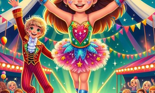 No centro da imagem, uma menina de 10 anos chamada Clara, com longos cabelos castanhos e olhos brilhantes de alegria, está caminhando sobre uma corda baixa, com um grande sorriso no rosto. Ela usa um bonito traje colorido com estrelas e brilhos que reluzem sob as luzes do circo. À sua direita, Leo, um jovem acrobata de 12 anos, com cabelos loiros bagunçados e um sorriso encorajador, aplaude Clara enquanto se segura em uma plataforma. Ele veste um traje vermelho e dourado, adornado com penas, e parece pronto para ajudá-la. Ao fundo, a tenda do circo está cheia de cores vibrantes: bandeirinhas coloridas flutuam ao vento, e luzes cintilantes iluminam a atmosfera festiva. Espectadores maravilhados, crianças e adultos, observam a cena com olhos arregalados, alguns segurando balões e algodão doce. A situação principal mostra Clara, cheia de determinação, praticando sua caminhada na corda, cercada pela excitação e magia do circo, enquanto Leo a incentiva com entusiasmo.