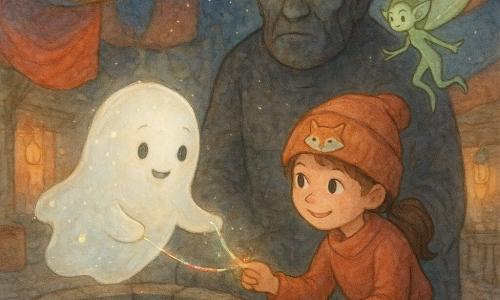 Ein kleiner Geist namens Lumo, perlmuttfarben und durchsichtig mit leuchtenden Staubflecken, wirkt schüchtern und fröhlich und schwebt über dem Rand eines alten Stebrunnens, hält vorsichtig einen schillernden, mehrfarbigen Faden; Mina, etwa acht Jahre alt mit braunen Zöpfen und einer großen Mütze mit Fuchsstickerei, hockt am Brunnen, lächelt ermutigend und reicht die Hand zum Faden; Brummwacht, eine große schwarze Steinwächterstatue wie ein alter Riese mit schwach glühenden Einlagenaugen, steht überrascht aber sanft hinter dem Brunnen; Flitz, ein kleiner windkobold mit blattförmiger Ohrspitze und blassgrünem, schlankem Körper, schwebt ruhig nahe bunter Stoffbahnen über dem Nachtmarkt; der gepflasterte Markt unter hängenden, wolkenartigen Stoffen (Rot, Blau, Gold) ist belebt von warmen Glaslaternen, Ständen mit Reliquien und leichten Reflexen im Brunnenwasser; die Szene zeigt, wie Lumo den Lichtfaden mit Mina, Brummwacht und Flitz teilt und so ein warmes, verbindendes, pastellfarbenes Leuchtnetz über dem Brunnen bildet.
