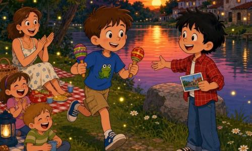 Un niño de 8 años, Mateo, sonríe tímido y sostiene maracas de plástico corriendo hacia su amigo; Miguel, también de 8 años, lo recibe alegre con una postal en la mano junto a una piedra a orillas de un pequeño lago; la madre de Mateo, en sus treinta, está sentada en una manta de picnic a la izquierda, aplaudiendo; atardecer sobre el lago con agua naranja y rosa, hierba con margaritas, un sendero de guijarros, bancos de madera, luciérnagas, una cometa roja en la hierba, manteles a cuadros, platos de cartón y farolillos colgados, reunión de picnic de fin de verano, ambiente cálido y festivo.