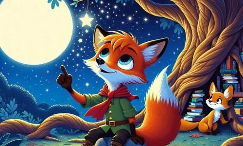 A young fox named Felix, with bright red fur and big curious eyes, stands at the center of the scene, gazing in wonder at the starry sky. His expression mixes excitement and slight nervousness as he raises a paw to touch a sparkling star. Next to him, his mother, a soft golden vixen, looks at him with a warm smile, her eyes shining with pride and encouragement. She sits on a small stone, her tail wrapped around her, creating a protective atmosphere. The setting is under a large ancient oak, with intertwining roots forming a natural library filled with colorful books. Moonlight gently illuminates the scene, casting dancing shadows on the leaf-covered ground. The main situation shows Felix, inspired by stories of bravery he has read, ready to face the night with courage while his mother encourages him to discover the beauty of the nocturnal world.