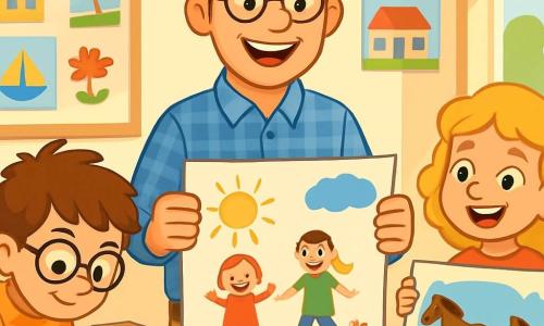 Ein Mann, Herr Baumann, steht in der Mitte der Klasse mit einem breiten, warmen Lächeln im Gesicht und strahlenden Augen. Er trägt ein kariertes blaues Hemd und beige Hosen und hält ein großes, buntes Papier mit Kinderzeichnungen. Rechts von ihm zeigt ein 8-jähriges Mädchen, Lotta, mit lockigem, blondem Haar stolz ihr Plakat mit Pferden, ihre Augen glänzen vor Aufregung. Links beugt sich ein 8-jähriger Junge, Felix, mit Brille und zerzausten braunen Haaren über einen Tisch und lässt einen kleinen Kartonroboter rollen, den er gebaut hat. Die Szene spielt in einem hellen Klassenzimmer mit Wänden, die mit Kinderzeichnungen dekoriert sind, Regalen voller bunter Bücher und Fenstern, die Sonnenlicht hereinlassen, was eine fröhliche und einladende Atmosphäre schafft. Die Hauptsituation zeigt Herr Baumann, der die Projekte der Kinder bei einer Ausstellung präsentiert, umgeben von Lachen und Applaus, und die Kreativität und Talente seiner Schüler feiert.