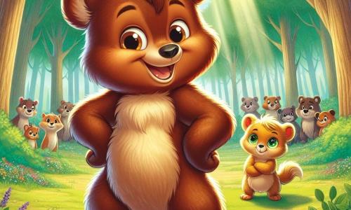 Un giovane orso dal pelo marrone e morbido, con grandi occhi curiosi e un sorriso caloroso, si trova al centro della scena, con le zampe leggermente divaricate, pronto ad accogliere un nuovo amico. Esprime gioia ed eccitazione, con le orecchie tese e una postura aperta che mostrano il suo entusiasmo. Accanto a lui, un piccolo orso dal pelo dorato, con occhi brillanti e un'aria timida, osserva con un misto di apprensione e speranza, rimanendo leggermente indietro, con le zampe incrociate, come se cercasse conforto nella presenza del suo nuovo amico. Sullo sfondo, si estende una foresta verdeggiante, con alberi maestosi e foglie brillanti, fiori colorati sparsi sul terreno e un dolce raggio di sole che filtra tra i rami, creando un'atmosfera calorosa e accogliente. La scena principale mostra i due orsi che si incontrano per la prima volta, circondati da altri animali curiosi che li osservano con interesse, illustrando così il tema della tolleranza e dell'accettazione delle differenze.