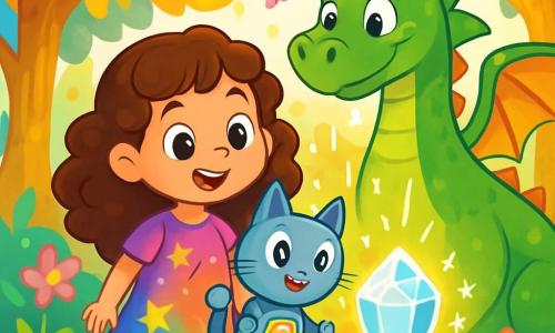 Una bambina di 6 anni, di nome Luna, con lunghi capelli ricci e occhi brillanti di curiosità, si trova al centro dell'immagine, sorridente e meravigliata. Indossa un vestito colorato decorato con stelle scintillanti e tiene in mano un piccolo robot-animale a forma di gattino, chiamato Bob, che emette luci lampeggianti e fa un suono gioioso. Accanto a loro, un drago amichevole di nome Rex, grande e maestoso, con squame verdi brillanti e occhi dolci, li osserva con un sorriso benevolo. Sta battendo le ali, pronto a portarli in una nuova avventura. Lo sfondo è una foresta incantata, piena di alberi con tronchi dorati e foglie multicolori che brillano sotto la luce del sole. Fiori luminosi e farfalle danzano intorno a loro, creando un'atmosfera magica e gioiosa. La scena principale mostra Luna e Bob, meravigliati, che scoprono un antico Tecno-Crystal scintillante posato su una roccia, circondato da luci scintillanti. Sono pronti a vivere una grande avventura, piena di magia e scoperte.