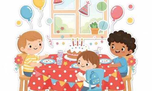 Há três meninos: Leo, 4 anos, cabelo curto castanho-claro, olhos redondos, camiseta amarela às riscas, sentado à esquerda da mesa estende a mão convidando Miguel com sorriso; Tomás, 4 anos, cabelo negro encaracolado, sardas nas bochechas, camisa azul, sentado à direita do bolo empurra suavemente uma pequena cadeira azul com expressão maliciosa; Miguel, 4 anos, cabelo castanho liso, olhar tímido que se ilumina, mochila com estrelas, caminha devagar para a cadeira central diante do bolo segurando um pequeno guardanapo. Cena numa cozinha festiva colorida em plano próximo: mesa baixa de madeira clara com toalha de bolinhas vermelhas e brancas, decorações de papel, balões pasteis nas cadeiras, janela com luz suave da manhã, pratos e copos com estrelas, confetes e lanternas de papel em volta do bolo. Os três rodeiam um grande bolo branco com confeitos coloridos e três velas acesas; Leo cede o lugar central a Miguel num gesto terno enquanto Tomás empurra a cadeira azul, e elementos de festa (balões, chapéus de papel, bolhas de sabão) criam uma atmosfera alegre e acolhedora.