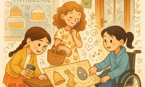 Tre amiche davanti alla vetrina di una piccola pasticceria e di un fioraio affiancati su un marciapiede di sampietrini bagnati con riflessi dorati: Mina (circa 9 anni, treccia castana, giacca giallo senape) a sinistra sorride tenendo una scatola di pennarelli, Rachele (circa 10 anni, capelli ricci castano chiaro, vestito a fiori) al centro con un cestino di vimini pieno di paglia e brillantini che profuma di lavanda, Giulia (circa 10 anni, capelli neri raccolti, in sedia a rotelle decorata con un campanello) a destra indica un segno sulla grande mappa pergamenata colorata appoggiata su una panchina; la mappa mostra simboli (campana, coniglio, uovo stellato) e le ragazze ridono mentre si preparano per una caccia alle uova di Pasqua in città, luce primaverile dolce, ombre lunghe, vasi di tulipani rossi e viola, porta in legno verniciato, insegne dipinte a mano e piccole buste di ceralacca verdi appese; intorno al cestino di Rachele brillano scintille di glitter e vicino al campanello ci sono doodle di note musicali.