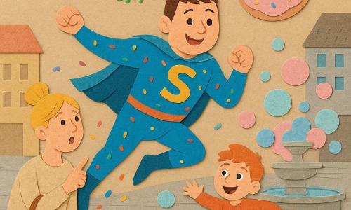 Een man, Sam, superheld, glimlachend en guitig, rond gezicht, kort bruin haar, felblauw kostuum met confettipatronen en korte cape, springt omhoog en laat een wolkje kleurrijke confetti achter; hij probeert een reusachtige donut-ballonnen tegen te houden die rolt en etalages raakt terwijl gigantische zeepbellen het plein binnendringen. Een vrouw van circa 30, marktklant, blond haar in een knot, verbaasd, houdt een grote leren tas en wijst links van Sam naar de lucht. Een jongen van circa 7, rood haar, ogen wijd van vreugde, glijdt uit op een zeepplas bij een fontein rechts van Sam. Een witte duif met uitgestrekte vleugels draagt een slinger als sjaal en vliegt boven de scène. De levendige stadsplaats heeft grijze kasseien, houten bankjes, een grote fontein die roze en blauwe bellen blaast en een enorme donutreclame boven de daken. Kleuren helder, uitgesneden vormen, zichtbare papiertexturen, zachte schaduwen en gescheurde zwarte contouren voor een collage-esthetiek.