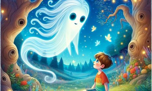 Eteryczny duch o imieniu Arion unosi się z gracją nad magiczną polaną, a jego przezroczyste kontury migoczą delikatnym niebieskim światłem. Jego twarz jest spokojna, z dużymi, błyszczącymi oczami, które wyrażają mądrość i dobroć, podczas gdy gęste, srebrne włosy delikatnie tańczą w powietrzu. Obok niego stoi dziesięcioletni chłopiec o imieniu Leon, z brązowymi włosami i oczami pełnymi ciekawości, który z zachwytem patrzy na ducha. Ma na sobie kolorowy t-shirt i szorty, klęczy na trawie, wyciągając rękę w stronę Ariona, jakby chciał dotknąć otaczającej go magii. Tło to zaczarowana polana otoczona krętymi drzewami z lśniącymi liśćmi, gdzie obficie rosną kolorowe kwiaty. Wokół nich tańczą świetliki, oświetlając scenę złotym blaskiem, podczas gdy jasnoniebieskie niebo jest usiane puszystymi chmurami. Główna sytuacja ukazuje Leona i Ariona rozmawiających, Leona uważnie słuchającego rad ducha na temat ochrony ich magicznego świata, podczas gdy lekki wietrzyk porusza trawą wokół nich, tworząc atmosferę tajemnicy i przygody.