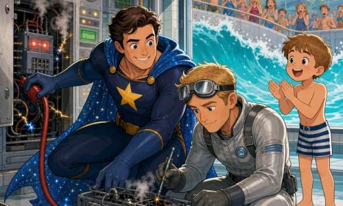 Captain Stellar, a smiling determined man in a midnight-blue suit with a large yellow star and sparkling cape, crouches with one hand on a metal box unplugging a red cable while Astro Ace, a blond pilot in his thirties in a silver suit and goggles, holds a small electronic tool and inspects a failing wave generator in the control room of Splash City's big wave pool — tiled walls, a large window to the turquoise, splashing pool, lit panels, green screens, exposed pipes and an open cabinet with a blinking device — a nearby seven-year-old boy in a striped swimsuit claps at the right, red lights flash, thin steam and blue-and-yellow sparks hiss from the defective unit, the scene tense but reassuring with an amazed crowd in the background.