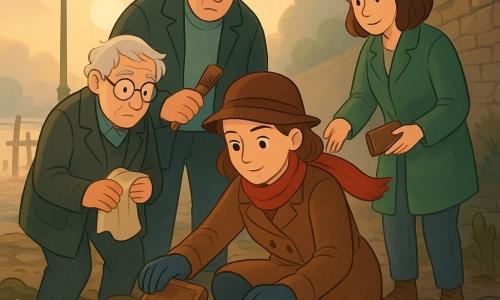 Detective Clara, focused and gentle with bright eyes, in a buttoned brown coat and red scarf, kneels on a muddy rock opening a wet wooden box, gloved hands holding a mud- and salt-stained leather notebook; Mr. Finch, about 70, wrinkled with round glasses and tousled white hair, stands slightly back with hunched shoulders holding a towel and watching the box with restrained emotion; Lyle, about 45, tall in an oversized coat with a slight limp, stands left behind Clara looking down and holding a fence brush; a passerby woman of about 35 in a green jacket with a grocery bag timidly offers a small leather notebook; the scene is a dawn riverside causeway with light mist, rotten wooden planks, barrels, dark seaweed, driftwood and moss, an old lamp in the distance, golden morning light filtering the fog as the group discovers the wet wooden box, evoking hope, repair and recovered stories.