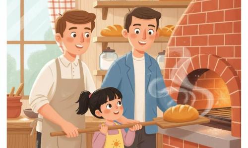 A smiling, serene male baker with short brown hair and a slightly flour-dusted beige apron stands with his hands on a long wooden peel, gently guiding a golden round loaf into an open red-brick oven glowing orange; a 7-year-old girl with a black ponytail and a small yellow apron embroidered with a sun stands beside him, holding the peel and watching the bread with delighted eyes; a 35-year-old man in a blue jacket stands behind near the counter, holding the girl's hand and watching proudly; the cozy bakery back room has light wood walls, shelves of golden loaves, glass jars of flour and grains, a large morning window with a checked curtain, a dusting of flour on the work surface, a dark baking stone and metal rack visible, soft steam rising, warm ochre-yellow-brown palette, soft contrasts and simple, child-friendly illustration style.