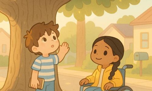Two children, about 11: a boy with messy brown hair, a blue-and-white striped t-shirt and slightly ripped jeans, holding a small jostled notebook in one hand and gently touching the oak’s bark with the other, standing left and looking amazed at the leaves; a girl with braided black hair in a bright yellow jacket sitting in a pastel modern wheelchair, smiling at the boy and his hand on the tree, right, hand on the chair arm, proud and gentle expression. They stand on a residential sidewalk under a large ancient oak with rough furrowed bark, slightly exposed roots and broad green leaves casting cool shade; houses with painted mailboxes in the background, clear blue sky and warm late-afternoon light filtering through the foliage and creating dappled patches on the pavement. The two have just returned from a time-travel trip and stand together under the tree saying three aloud thank-yous; warm, tender, contemplative and joyful scene in clean pastel colors, soft contrasts and delicate shadows, minimalist kawaii style with simple lines, big expressive eyes, and emphasis on wood texture and filtered light.