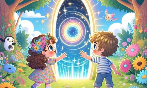 Una bambina di 3 anni, Luna, con grandi occhi brillanti e capelli ricci castani, sorride con meraviglia scoprendo un portale luminoso nel suo giardino. Indossa un vestito colorato decorato con fiori e tende la mano verso il portale, piena di curiosità ed eccitazione. Accanto a lei, il suo amico Marco, un ragazzo di 4 anni con capelli biondi disordinati e una maglietta a righe, guarda il portale con un misto di stupore ed entusiasmo. Si tiene leggermente indietro, pronto a seguire Luna nell'avventura. Il luogo è un giardino incantevole, pieno di fiori vivaci e alberi maestosi, con un cielo blu chiaro e nuvole soffici. Al centro, il portale scintilla di mille luci, circondato da un'aura magica che attira i bambini. La situazione principale mostra Luna e Marco, mano nella mano, pronti a entrare nel portale magico, impazienti di iniziare il loro viaggio nel tempo, con stelle scintillanti che danzano intorno a loro, simboleggiando le avventure a venire.
