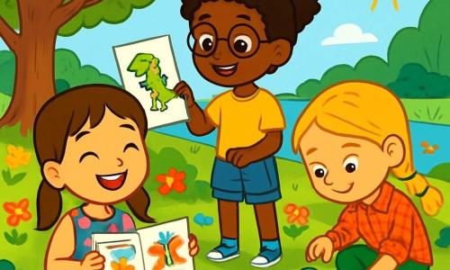 Există 3 personaje: - Anisia: o fetiță de 8 ani cu părul brun împletit în două codițe, purtând o rochie cu flori colorate. Ea stă pe iarbă, zâmbind larg, ținând un carnet de desen. - Mara: o fetiță de 8 ani cu părul creț și ochelari rotunzi, îmbrăcată cu un tricou galben și o pereche de șorturi din denim. Ea stă în picioare lângă Anisia, desenând un dinozaur pe o foaie. - Ilinca: o fetiță de 8 ani cu părul blond împletit, purtând o cămașă cu carouri și o pereche de pantaloni verzi. Ea este așezată în fața unui mic morman de pietre colorate, examinându-le cu curiozitate. Locul este un parc verde, plin de flori strălucitoare și copaci impunători. Cerul este albastru cu câteva nori albi pufoși, iar un soare blând strălucește deasupra, iluminând scena. În depărtare, se vede un mic lac strălucitor, unde rațele înoată liniștit. Situația principală arată cele trei prietene în plină activitate creativă, râzând împreună în timp ce desenează și explorează mediul înconjurător. Ele sunt înconjurate de materialele lor de artă, cu creioane colorate împrăștiate în jurul lor, iar atmosfera este veselă și plină de energie estivală.