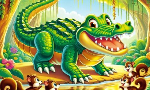 Un cocodrilo llamado Cosme, con una piel verde brillante y escamas relucientes, se encuentra al borde de un hermoso arroyo de aguas doradas, su mirada llena de emoción y curiosidad. Sonríe ampliamente, mostrando sus grandes dientes blancos, mientras observa los reflejos centelleantes del agua. Cerca de él, un grupo de ardillas pequeñas de pelaje marrón y ojos vivos se acerca, curiosas y alegres, saltando alrededor de Cosme, con sus colas en forma de penacho balanceándose. El escenario es una jungla exuberante, llena de majestuosos árboles de hojas verdes brillantes, flores coloridas y lianas colgantes, creando una atmósfera mágica y acogedora. La escena principal muestra a Cosme, el cocodrilo, listo para zambullirse en el agua dorada y explorar un mundo maravilloso, rodeado de sus nuevos amigos, las ardillas, que lo animan entusiastamente a descubrir los secretos de la jungla.