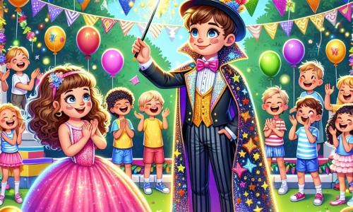 Un niño de 10 años, Tomás, está en el centro del escenario, vistiendo un hermoso traje de mago. Su capa está adornada con estrellas doradas brillantes y su sombrero de copa tiene una pluma colorida. Sonríe ampliamente, sus ojos brillan de emoción y orgullo mientras levanta su varita mágica, que emite destellos de luz. A su lado, Ana, una niña de 10 años con cabello rizado y castaño, lo mira con admiración. Lleva un disfraz de hada, con alas brillantes y un vestido rosa. Aplaude alegremente, un poco apartada para ver mejor el espectáculo. El fondo es un jardín escolar festivo, lleno de globos de colores, guirnaldas y puestos de juegos. Los niños ríen y se divierten a su alrededor, creando una atmósfera alegre y animada. La escena principal muestra a Tomás realizando un truco de magia, levantando su varita para hacer brotar estrellas brillantes y burbujas de colores en el aire, cautivando la atención de todos los niños que lo rodean.