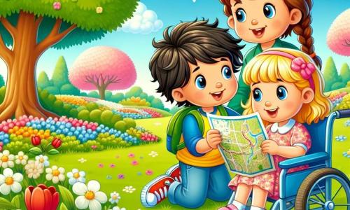 In einem Park im Frühling sind drei Kinder versammelt. Max, ein 8-jähriger Junge mit zerzausten braunen Haaren und einem gelben T-Shirt, hält eine Schatzkarte und lächelt begeistert. Neben ihm steht Lisa, ein 7-jähriges Mädchen mit geflochtenen blonden Haaren, das ein rosa Blumenkleid trägt und neugierig auf die Karte schaut. Mia, ein 6-jähriges Mädchen mit lockigem braunem Haar, sitzt in ihrem schönen blauen Rollstuhl, lacht fröhlich und hält einen bunten Buntstift.

Der Park ist mit bunten Blumen gefüllt, darunter rote Tulpen, weiße Gänseblümchen und leuchtende Mohnblumen. Der Himmel ist strahlend blau, mit einigen flauschigen weißen Wolken. In der Ferne bietet ein großer majestätischer Baum Schatten, und Vögel singen in den Ästen.

Die Kinder machen eine Schatzsuche und suchen nach versteckten Hinweisen zwischen den Blumen und dem grünen Gras. Sie sind alle aufgeregt und lachen zusammen, bereit, den im Park versteckten Schatz zu entdecken.