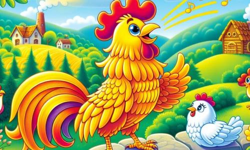 Un gallo dalle piume dorate, chiamato Galletto, si erge fiero su un muretto di pietra, cantando con entusiasmo. I suoi occhi brillano di gioia e sicurezza, mentre dispiega le ali con grazia, illuminato da un dolce raggio di sole. Accanto a lui, una gallina di nome Gina, con piume bianche e un'aria amichevole, lo ascolta con ammirazione. Un saggio gufo di nome Ugo, posato su un ramo, osserva la scena con attenzione, pronto a condividere i suoi consigli. Il contesto è un incantevole villaggio rurale, con colline verdi sullo sfondo, fiori colorati che danzano nel vento e un cielo blu punteggiato di nuvole bianche. In lontananza si intravede una piccola casa di legno con un camino fumante, che aggiunge calore a questa scena bucolica. Galletto canta felicemente per svegliare i suoi amici animali, riempiendo l'aria con la sua melodia coinvolgente, mentre il villaggio si risveglia lentamente, pronto per una nuova giornata di avventure.
