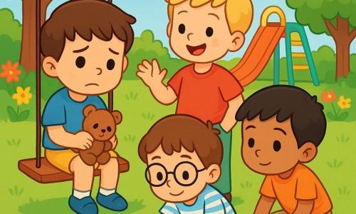 Ci sono 4 bambini: Tommaso, un ragazzo di 5 anni con capelli castani e occhi nocciola, indossa una maglietta blu e pantaloni corti gialli, seduto su un dondolo con un'espressione pensierosa e un peluche in mano. Luca, un ragazzo di 5 anni con capelli biondi e occhi chiari, indossa una maglietta rossa e pantaloni verdi, è in piedi accanto a Tommaso, sorridente e salutandolo per confortarlo. Matteo, un ragazzo di 5 anni con capelli castani e occhiali rotondi, indossa una camicia a righe e pantaloni corti blu, è seduto per terra a disegnare su un grande foglio con colori. Riccardo, un ragazzo di 5 anni con capelli neri e occhi marroni, indossa una maglietta arancione e pantaloni beige, è accovacciato vicino a Matteo, guardando con curiosità i suoi disegni. La scena si svolge in un parco soleggiato con erba verde, alberi con foglie brillanti e un cielo blu chiaro con nuvole bianche. Tommaso, un po' triste, è circondato dai suoi amici Luca, Matteo e Riccardo che cercano di consolarlo, condividendo disegni e parole gentili, creando un'atmosfera calda e accogliente, piena di colori vivaci e amicizia.