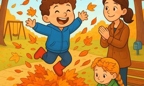 A smiling 4-year-old boy with a round face, rosy cheeks and curly chestnut hair, wearing a blue jacket and red boots, jumps into a large pile of orange and yellow leaves as leaves fly around him; nearby a woman in her 30s with tied brown hair stands by a wooden bench, smiling tenderly and clapping; a little girl named Mia, about 4, with a light braid and a small green coat crouches by the pile making a leaf crown; the park has a paved path, tall trees with red, yellow and orange leaves, a pale blue sky, a carpet of leaves, a swing in the background and a distant mailbox; joyful autumn morning, warm saturated colors, crunchy leaf textures, soft light and long shadows, composition centered on the burst of leaves around the boy