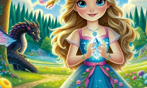 Eine junge Frau namens Lila, mit langen goldenen Haaren und funkelnden, neugierigen Augen, steht im Zentrum einer wunderschönen Lichtung im Glimmerwald. Sie trägt ein buntes, mit Blumen verziertes Kleid und zeigt ein entschlossenes Lächeln, während sie einen leuchtenden Kristall in ihren Händen hält, der ihr Gesicht sanft erhellt. Neben ihr fliegt ein kleiner, leuchtender Schmetterling mit bunten Flügeln fröhlich um sie herum, symbolisiert Hoffnung und Magie. Im Hintergrund beobachtet ein großer Drache mit dunklen Schuppen, aber weiser und wohlwollender Augen, die Szene und ist bereit, Lila und ihr Königreich zu beschützen. Die Lichtung ist von hohen Bäumen mit leuchtend bunten Blättern umgeben, während auf dem Boden strahlend bunte Blumen blühen und eine verzauberte Atmosphäre schaffen. Der Himmel ist strahlend blau, mit fluffigen weißen Wolken, die die Magie des Moments unterstreichen. Lila ist bereit, die Kraft des Kristalls zu nutzen, um Freude und Farben in ihr Königreich zurückzubringen, während der Drache und der Schmetterling sie in ihrer heldenhaften Quest ermutigen.