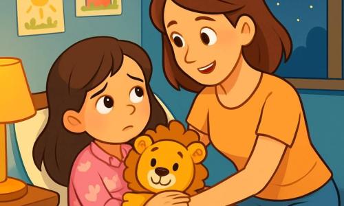 Una bambina di 6 anni, con lunghi capelli castani e occhi scintillanti, è sdraiata nel suo letto. Indossa un pigiama rosa decorato con gattini e ha un'espressione curiosa e un po' preoccupata. Stringe forte il suo peluche, un leoncino di nome Leo, con pelliccia dorata e un grande sorriso amichevole. Accanto a lei, sua madre, una donna di circa trent'anni con capelli castani e un sorriso rassicurante, si china verso di lei. Indossa una maglietta leggera e pantaloni comodi, parlandole dolcemente e offrendole un abbraccio rassicurante. La scena si svolge in una cameretta accogliente, con pareti dipinte di azzurro chiaro, disegni colorati appesi e una piccola lampada notturna che diffonde una luce soffusa. I giocattoli sono sparsi sul pavimento e una finestra lascia entrare la luce della luna. La bambina, sebbene leggermente spaventata dai rumori della notte, inizia a sentirsi più coraggiosa grazie alle parole rassicuranti della madre, respirando profondamente e pronta ad affrontare le sue paure, tenendo il peluche Leo vicino a sé.