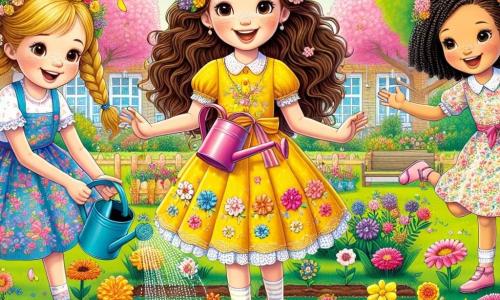 In the foreground, Mia, a 10-year-old girl with curly brown hair and a bright smile, is wearing a yellow dress adorned with flowers as she plants seeds in a small garden. Next to her, Sophie, also 10, has braided blonde hair and is wearing a colorful blouse. She holds a watering can, watering the flowers that are starting to grow. A little further away, Lila, a 10-year-old girl with black hair and a flower crown, is joyfully dancing while holding colorful petals in her hands. The garden is located in the schoolyard, surrounded by tall flowering trees in vibrant colors, with butterflies flying around. The ground is dotted with bright flowers, and the sky is a clear blue with a few fluffy white clouds. The main scene shows the three friends having fun together, celebrating the arrival of spring by planting flowers and tossing colorful petals, creating a joyful and festive atmosphere.