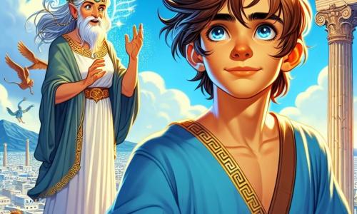 A young man named Icarus, around 18 years old, stands atop the Acropolis, looking determined and proud, with his brown hair blowing in the wind and his eyes shining with excitement. He wears a blue linen tunic adorned with golden patterns, and a sparkling amulet hangs around his neck, casting a magical glow on his face. Beside him is a wise old woman, the priestess, about 60 years old, with silver hair and a wrinkled face full of wisdom, watching him with a kind smile, her hands raised as if to bless him. The sky is bright blue, dotted with white clouds, and the sun rises on the horizon, illuminating the majestic columns of the temple behind them. The city of Athens sprawls below, with its white houses and bustling streets, while mythical creatures like griffins and mermaids fade into the distance, dispersed by Icarus's magic. The main scene shows Icarus ready to confront an evil sorcerer, raising his amulet to unleash powerful magical energy, as flashes of light burst around him, symbolizing the struggle between good and evil.