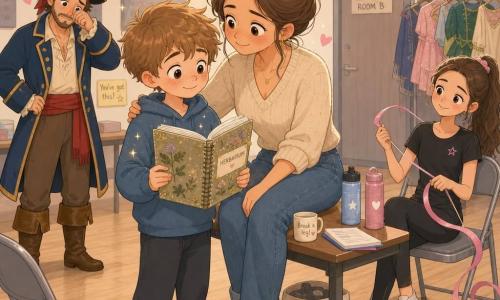 A 10-year-old boy with a round, freckled face and messy light brown hair, proud yet shy, holds a thick glitter-covered notebook and offers it to his mother while reading softly; the mother, about 35–40, with brown hair in a loose bun, a tender smile and bright eyes, sits on the edge of a rehearsal table, leaning toward him with her hand on his shoulder; an adult man in a pirate costume wipes a discreet tear in the left background, and a teenage girl to the right plays with a pink ribbon, watching tenderly from a folding chair; the simple rehearsal room has a light wood floor, gray folding chairs, wall acoustic panels, a table with water bottles and a 